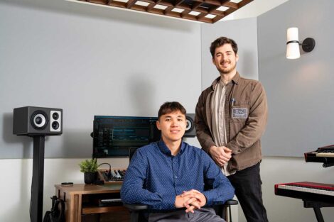 Lafayette student engaging with host at 2026 externship at The Foundry Recording Studio