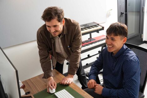 Lafayette student engaging with host at 2026 externship at The Foundry Recording Studio