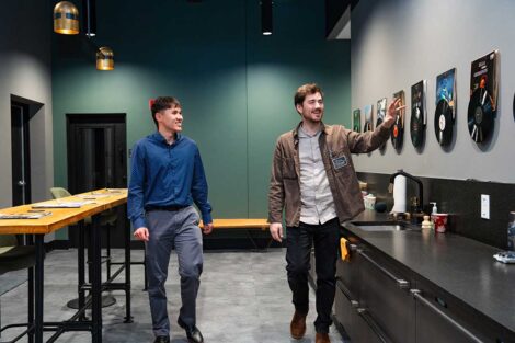 Lafayette student engaging with host at 2026 externship at The Foundry Recording Studio