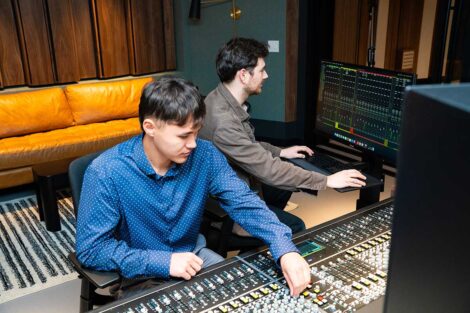 Lafayette student engaging with host at 2026 externship at The Foundry Recording Studio