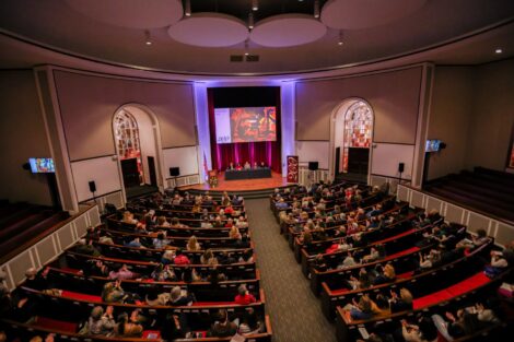 Before the unveiling, guests filled Colton Chapel for a panel discussion, “The Making of Adrienne.” | Photo by Ashli Truchon Novak