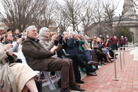 A large, diverse crowd gathered outside Skillman Library to receive Adrienne | Photo by Ashli Truchon Novak