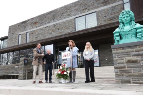 (L-R): Robert Mattison, Metzgar Professor of Art History Emeritus, artist Brian Booth Craig, Flack’s longtime studio assistant, and Allie Waxman ’28, president of student government, join with President Nicole Hurd at the Adrienne dedication. Photo by Ashli Truchon Novak