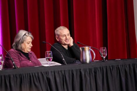 Artist Brian Booth Craig, with Diane Shaw, reflects on the Adrienne sculpture, which he was assigned to finish by Audrey Flack, his friend and mentor. | Photo by Ashli Truchon Novak