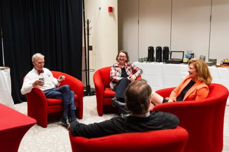 Bill Nye sits with Prof. Jenn Rossmann and President Nicole Hurd