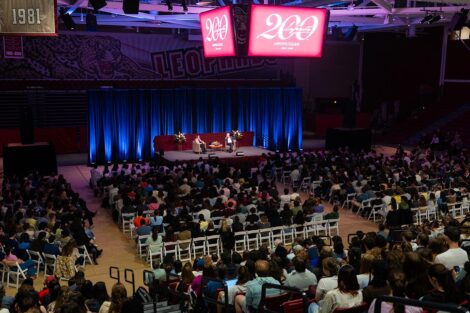 Wide shot of Bill Nye on stage