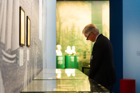 Trustee James R Birle '83 views the exhibit