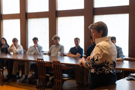 Hannah Stewart-Gambino addresses students