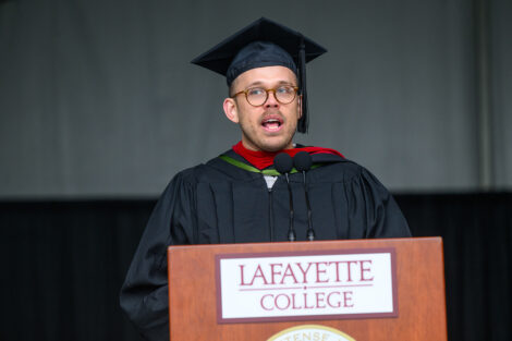 Speaker at a podium during Commencement.