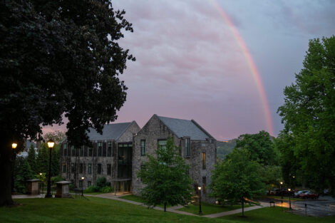 A rainbow forms over Oechsle Hall