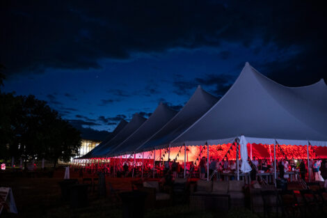 The sun sets over the Reunion tent.