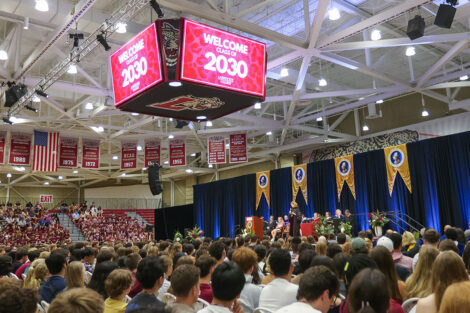 Students gathered for Convocation in Kirby Sports Center.
