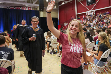 Members of the faculty and College Administration process into Kirby Sports Center for Convocation.