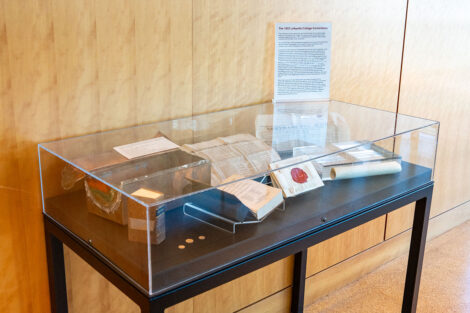 Artifacts from an 1883 time capsule were on display in Skillman Library.