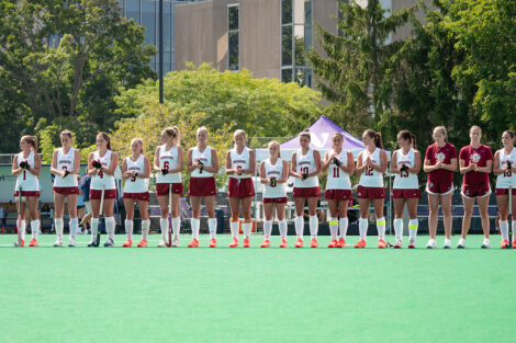 The Lafayette field hockey team prepares for its game.