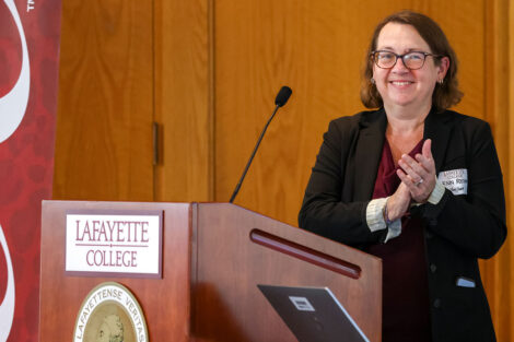 Jenn Rossmann, Jeffers Dean of Engineering and Baird Professor of Mechanical Engineering, speaks to a group gathered in Marlo Room.