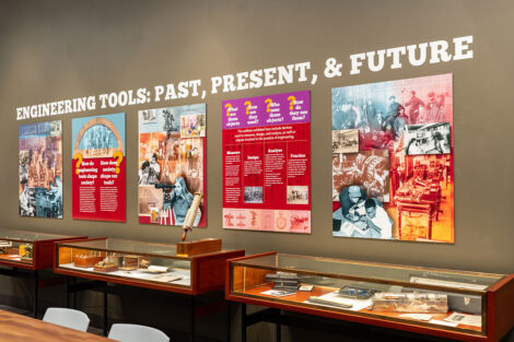 A displays showcases the history of Lafayette Engineering, celebrating its 160th anniversary.