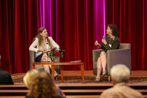 Plenary speaker Hélène Landemore and Provost Laura McGrane in converation at Colton Chapel. Photos by JaQuan Alston and Ashli Truchon Novak