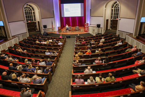 Colton Chapel audience gathers to hear plenary speaker Hélène Landemore.