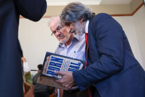 Ilan Peleg, (left) Charles A. Dana Professor of Government and Law, shares a moment of reflection with plenary speaker Akhil Reed Amar.