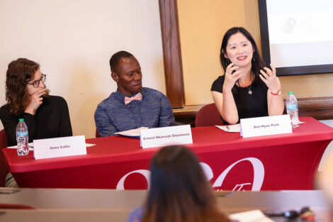 Anna Kallis, Ernest Nkansah-Dwamena, and Seo-Hyun Park hold a discussion at the symposium
