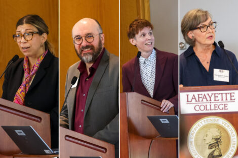 Faculty panel 1: Rachel Goshgarian, Chris Phillips, Mathieu Smith-Perrot, associate professor of French, Elaine Stomber ’89