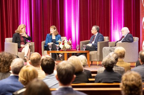 Nicole Hurd, Alison Byerly, Daniel Weiss, and David Ellis participate in the presidential panel